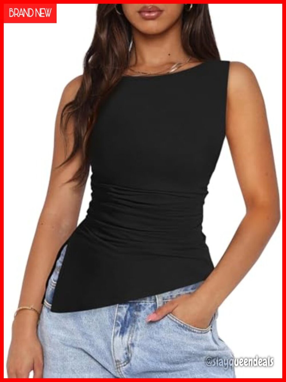 Women's Ruched Tank Top Sleeveless Slim Fit Boat Neck Summer Party Tops